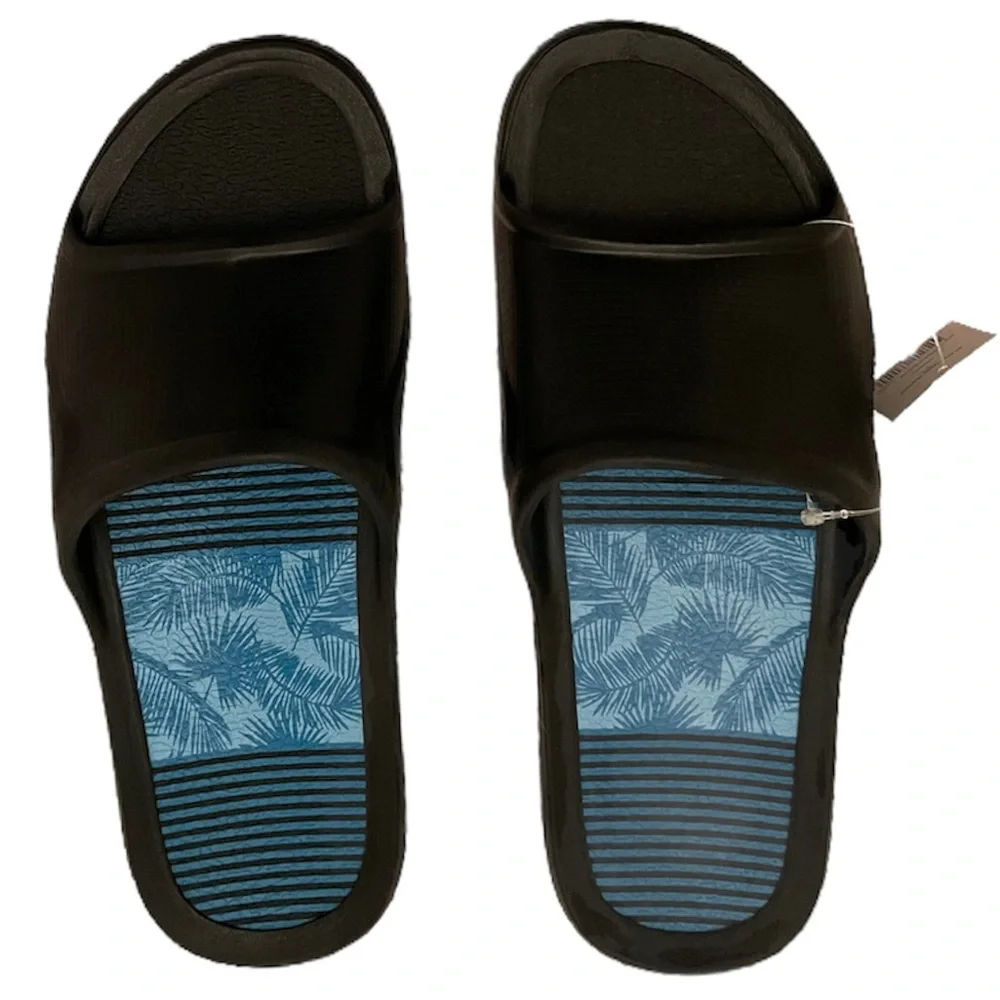 Black Rubber Slip On Sandal Smooth Comfort Cushion Insole Grip Outer Sole Mens 9